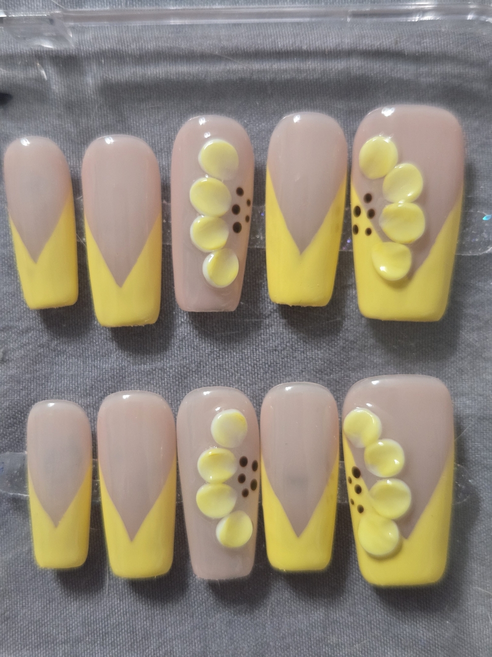 Nude & Yellow Floral V-Tip Press-On Nails